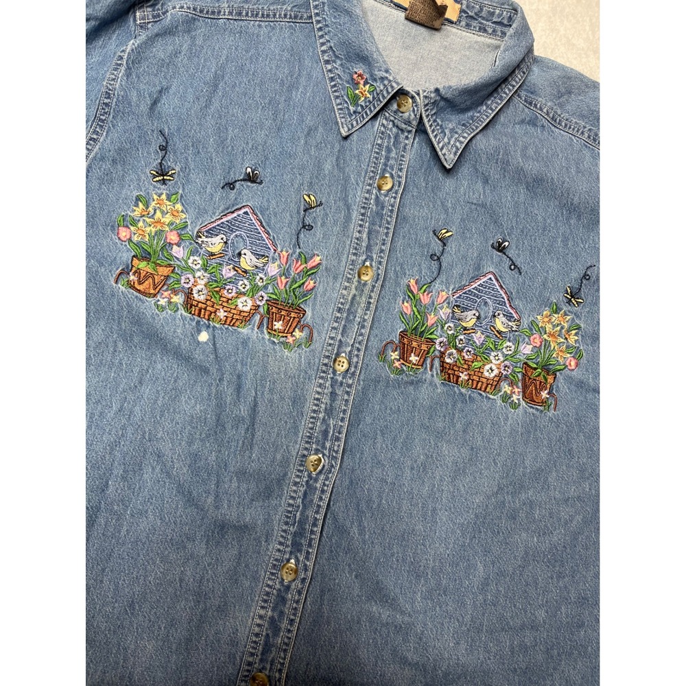 Vintage 90s Denim Shirt Womens 18W 20W Embroidered Birdhouse Short Sleeve spring